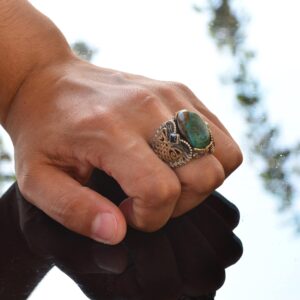 El Yapımı Doğal Turkuaz Yüzük ile Kelt Düğümü Tasarımı - 925 Ayar Gümüş Erkek Yüzüğü - Görsel 6