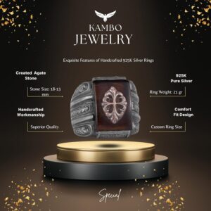 Erkekler için Sterling Gümüş Yüzük, Oluşturulmuş Agat, Süslemeli Vintage Tasarım, 925 Gümüş - Görsel 6