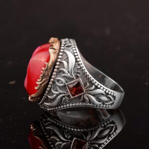 Vintage Erkek 925 Ayar Gümüş Yüzük Druzy Kuvars, Kırmızı - Görsel 4