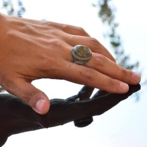 Gerçek Doğal Yeşil Turkuaz (Firuze) Şahin Tasarımlı Yüzük - 925 Ayar Gümüş El Yapımı Erkek Takısı - Görsel 3