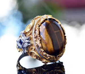 Gerçek Doğal Kaplan Gözü Taşı Yüzük, Ayar Gümüş Erkek Yüzüğü, Altın Kaplama - Görsel 3