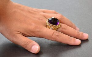 Yapay Ametist Taşlı Gümüş Büyük Şovalye Yüzüğü, Altın Kaplama - Görsel 6