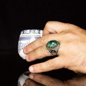 Osmanlı Tugralı Doğal Zümrüt Taşlı Gümüş Yüzük - Görsel 5