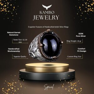 925 Ayar Gümüş El Yapımı Erkek Yüzük - Çeşitli Doğal Taşlarla Mevcut (Granat) - Görsel 7