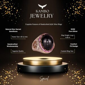 925 Ayar Gümüş Erkek Yüzük Doğal Yıldız Granat Taşı ile - El Yapımı İfadesel Takı, Onun için Hediye - Görsel 2