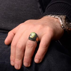 Gerçek Doğal Arizona Turkuaz Taş Yüzük, Minimalist Yüzük, 925 Ayar Gümüş Erkek Yüzük - Görsel 7