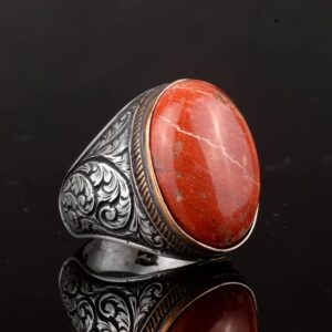 Gerçek Doğal Kan Taşı Yüzük, Büyük Yüzük, 925 Ayar Gümüş Yüzük - Görsel 6