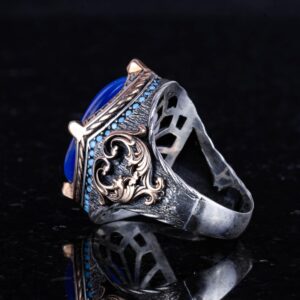 925 Ayar Gümüş Erkek Yüzük, Yapay Mavi Kedi Gözü Taşı, El Yapımı Vintage Tasarım İfadeli Yüzük - Görsel 7