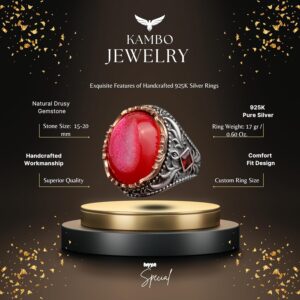 Vintage Erkek 925 Ayar Gümüş Yüzük Druzy Kuvars, Kırmızı - Görsel 2