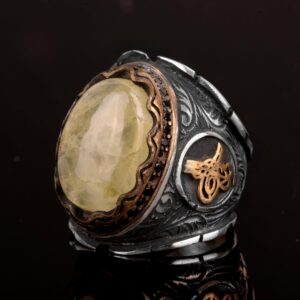 Gerçek Doğal Prehnite Taş Yüzük, 925 Ayar Gümüş Erkek Yüzük, Tugra Yüzük - Görsel 5