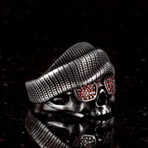Soğuk Kafatası Şapkalı Gümüş Biker Yüzüğü, Gotik Kafatası Yüzüğü, 925 Ayar Gümüş Yüzük - Görsel 4