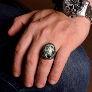 925 Ayar Gümüş Erkek Yüzük, Doğal Yeşim Taşı Yüzük, Oval Benekli Yeşim - Görsel 3