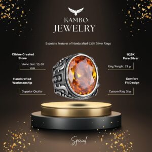 925 Ayar Gümüş Yüzük, Tasarım Gümüş Erkek Yüzüğü (Turuncu Yapay Sitrin Taşı) - Görsel 2