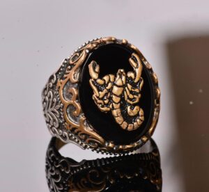 Doğal Obsidan Taş Yüzük - 925 Ayar Gümüş Yüzük - Damga Yüzük (Akrep) - Görsel 5