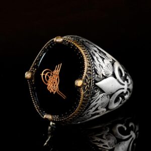 El Yapımı Siyah Oniks Taş Yüzük, 925 Ayar Gümüş Erkek Yüzüğü, Türk Tuğra Tasarımı - Görsel 4