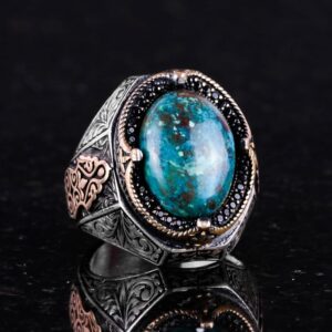 Gerçek Doğal Krysokolla Taşlı Yüzük - 925 Ayar Katı Gümüş Erkek Yüzüğü - Görsel 5