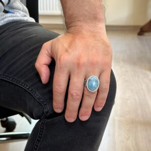 Doğal Akuamarin Taşlı Erkek Yüzük, El Yapımı 925 Ayar Gümüş Takı - Sakinlik, Koruma ve Maneviyat Sembolü - Görsel 3