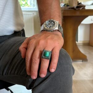 925 Ayar Gümüş Erkek Yüzük, Doğal Malakit Taşı ile - Lüks ve Farklı Tasarım (Malakit) - Görsel 3