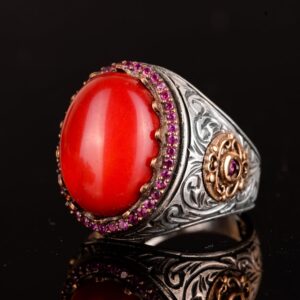 Gerçek Doğal Koral Taş Yüzük, 925 Ayar Gümüş Yüzük, Oval Kırmızı Koral Yüzük - Görsel 5