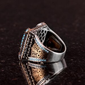 925 Ayar Gümüş Turkuaz Taşlı Erkek Yüzük - Vintage Tarzı, El Yapımı Takı - Görsel 6