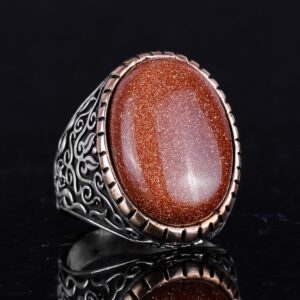 Yapay Taş Yüzük, 925 Ayar Gümüş Erkek Yüzüğü, Büyük Yüzük (Kahverengi Güneş Taşı Yapay Taş) - Görsel 6