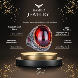 Yapay Taş Yüzük - El Yapımı Erkek Yüzüğü - Şık 925 Ayar Gümüş Erkek Takısı (Yapılmış Cabochon Garnet) - Görsel 2