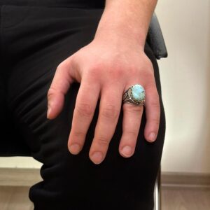 El Yapımı Doğal Larimar Taşı Yüzük, 925 Ayar Saf Gümüş Erkek Yüzüğü, Okyanus Huzuru Tasarımı - Görsel 3