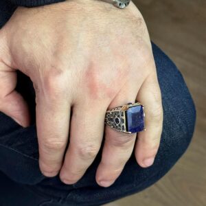 Gerçek Doğal Safir Taşlı Yüzük, 925 Ayar Gümüş Erkek Yüzük - Görsel 3