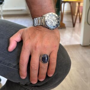 Gerçek Doğal Taş El Yapımı Yüzük - 925 Ayar Gümüş El Yapımı Yüzük - Şık Farklı Yüzük (Mavi Safir) - Görsel 3