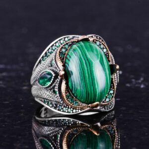 Gerçek Doğal Malakit Taş Yüzük - 925 Ayar Gümüş El Yapımı Yüzük - Taş Takı - Görsel 5