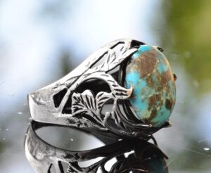 Gerçek Arizona Turkuaz Taş Yüzük, 925 Ayar Gümüş Yaprak Yüzük, Mavi - Görsel 4
