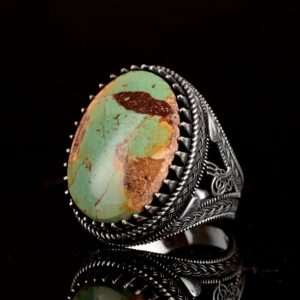 925 Ayar Gümüş Erkek Yüzük, Yeşil Turkuaz Taşı, Doğal Turkuaz Taşlı, El Yapımı Gümüş Yüzük - Görsel 4