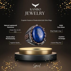 Doğal Lapis Lazuli Taş Yüzük, 925 Ayar Gümüş Erkek Yüzük, Bilgelik ve Gerçek Tasarımı - Görsel 6