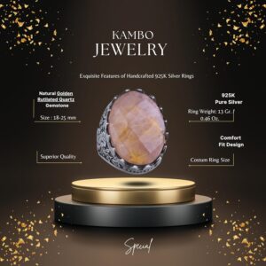 Gerçek Doğal Taş Yüzük - Gül Desenli Yüzük - 925 Ayar Gümüş Yüzük - El Yapımı Büyük Yüzük (Altınlı Rutilli Kuvars) - Görsel 2