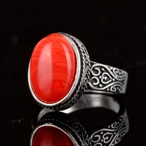 925 Ayar Gümüş Erkek Yüzük, Doğal Taş Yüzük, Kırmızı Mercan Taşı, Gümüş Takı, Mercan Taşı Yüzük - Görsel 5