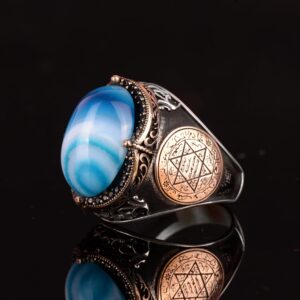 Doğal Mavi Akik Taşı Yüzük, Davud Yıldızı Yüzüğü - 925 Ayar Gümüş Erkek Yüzüğü, Gümüş Süleyman Mührü Yüzüğü - Görsel 7