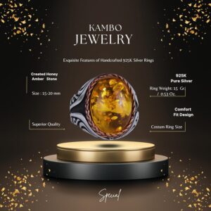 925 Ayar Gümüş Yüzük - Yapay Taş Gümüş Yüzük - El Yapımı Yüzük (Yapay kehribar) - Görsel 2