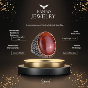 Büyük Yüzük, Doğal Kırmızı Kan Taşı Yüzük, 925 Ayar Sert Gümüş Yüzük, Tasarım Gümüş Erkek Yüzüğü - Görsel 2