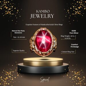 Gerçek Doğal Yıldız Yakutu Taş Yüzük, Kral Yüzüğü, 925 Ayar Gümüş Yüzük - Görsel 2