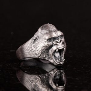925 Ayar Gümüş Yüzük - 925 Ayar Gümüş Kızgın Goril Baş Yüzüğü - El Yapımı Hayvan Damga Yüzüğü erkekler için - Görsel 4