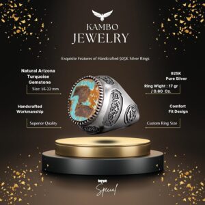 Gerçek Doğal Arizona Turkuaz Taş Yüzük, Erkek Yüzüğü, 925 Ayar Gümüş Yüzük - Görsel 2