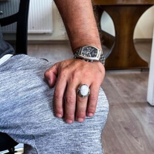 925 Ayar Gümüş Yüzük ile Doğal Ay Taşı, El Yapımı Erkek Yüzük, Vintage Tasarım - Görsel 3