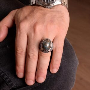 El Yapımı 925 Ayar Gümüş Yüzük, Gerçek Doğal Turkuaz Taşı ve İslami Hat ile - Erkek Takısı - Görsel 6