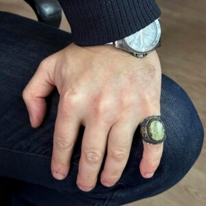 Gerçek Doğal Prehnite Taş Yüzük, 925 Ayar Gümüş Erkek Yüzük, Tugra Yüzük - Görsel 3