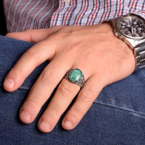 Gerçek Doğal Arizona Turkuaz Taş Yüzük, Erkekler İçin Hediye, 925 Ayar Gümüş Yüzük, Minimalist Yüzük - Görsel 3