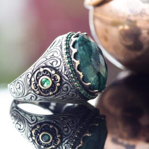 El Yapımı Gümüş Erkek Yüzük, Gerçek Doğal Taş Yüzük (Zümrüt) - Görsel 3