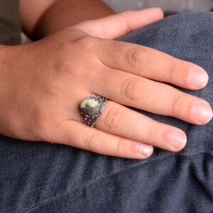 Gerçek Doğal Arizona Turkuaz Taş Yüzük, Erkekler İçin Hediye, 925 Ayar Gümüş Yüzük, Minimalist Yüzük (Stil-11) - Görsel 3