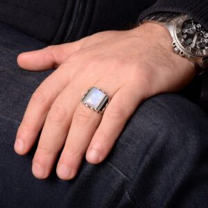 Erkekler için Doğal Aytaşı Taş Yüzük, Turkuaz Aksanlarla, 925 Ayar Gümüş El Yapımı Vintage Tarzı - Görsel 6