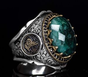 Osmanlı Tugralı Doğal Zümrüt Taşlı Gümüş Yüzük - Görsel 3