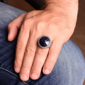 Gerçek Doğal Safir Taşlı Erkek Yüzük, Vintage Yüzük, 925 Ayar Gümüş Yüzük - Görsel 3